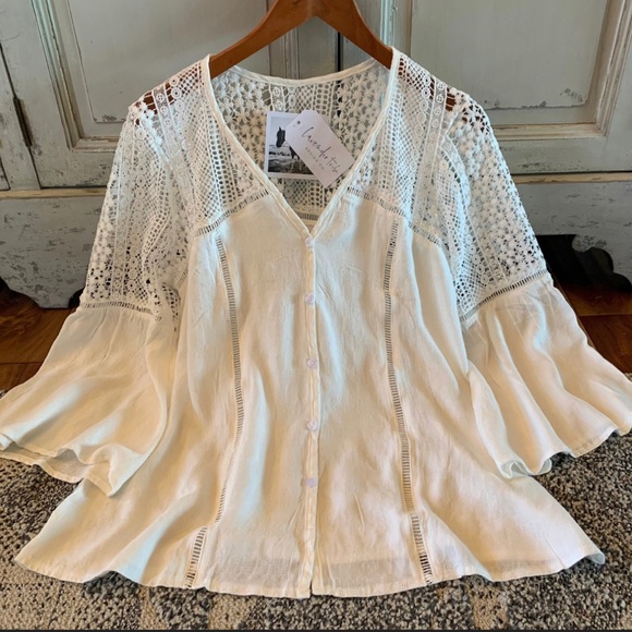 New Boho White Lace Festival Button Front Blouse Top Shirt Western Casual - Picture 3 of 9